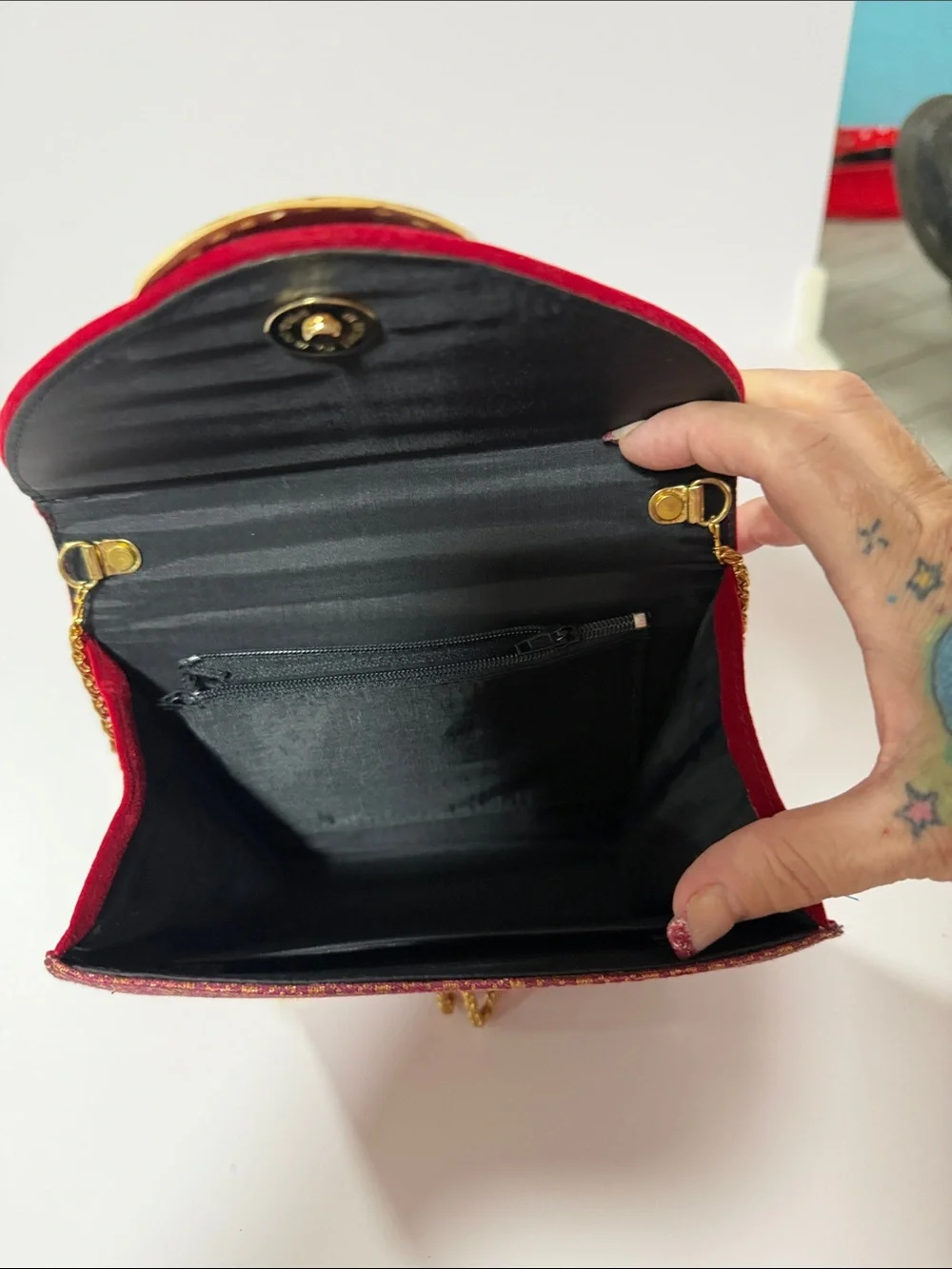 Elegant Red and Gold Evening Bag with Chain Strap